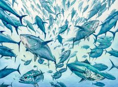 a painting of many fish swimming in the ocean with blue water and white clouds behind them