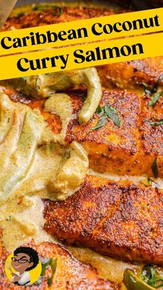 a close up of food on a plate with the words caribbean coconut curry salmon over it