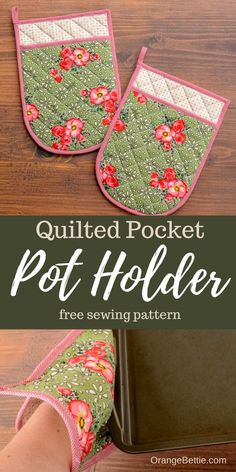 the quilted pocket pot holder pattern is shown with pink flowers on green and white