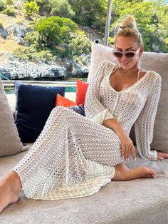 handmade crocheted hollow beach trumpet sleeve maxi cover-up dress BLUE ZONE PLANET Pool Outfits, Summer Cover Up, Crochet Maxi Dress, Crochet Maxi, Trumpet Sleeve, Maxi Robes, Beach Holiday, Mongolia, Cover Up Dress