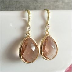 Champagne Gold Crystal Earrings - Peach Teardrop Crystal Earrings - Simple Bridesmaid Jewelry - Glas Elegant Orange Nickel-free Earrings, Elegant Nickel-free Orange Earrings, Orange Teardrop Earrings For Formal Occasions, Elegant Peach Earrings For Wedding, Formal Orange Teardrop Earrings, Elegant Peach Dangle Earrings, Elegant Pear-shaped Orange Jewelry, Elegant Orange Pear-shaped Jewelry, Elegant Peach Wedding Earrings