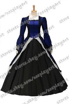 Women Victorian Gothic Reenactment Ball Gown Luxury Lace Brocaded Evening Dress | eBay Regency Style Lace Trim Dress For Costume Party, Vintage Dress With Historical Design For Fantasy Events, Historical Blue Victorian Dress Costume, Fitted Historical Costume Vintage Dress, Vintage Dresses For Fantasy Events, Victorian Lace Trim Dress For Costume Party, Victorian Era Dresses, Classical Dress, Gothic Vintage