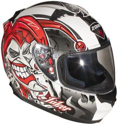 a motorcycle helmet with an image of clowns on the front and side panels is shown