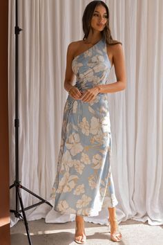 Casa Del Mar One-Shoulder Ruched Midi Dress Floral Blue by Selfie Leslie Summer Dresses Semi Formal, Summer Wedding Outfit Guest Cocktail, Baby Blue Floral Dress, Beach Wedding Guest Dress Blue, Beachy Wedding Guest Dress, Beach Wedding Rehearsal Dinner Outfit, Blue One Shoulder Midi Dress For Spring, Beach Guest Wedding Dress, Cancun Wedding Outfit Guest