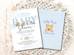 two baby shower cards with winnie the pooh on them