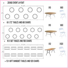 tables and chairs are shown with the measurements for each table to be placed on top