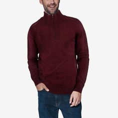 A timeless classic ribbed pullover knit sweater with quarter zip mock neck for any occasions. Mens Quarter Zip, Burgundy Sweater, Chilly Weather, Sweaters Online, Quarter Zip Pullover, Knitted Pullover Sweaters, X Ray, Slim Fit Men, Knitted Sweater