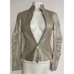 Brand New Designer Fitted Leather Jacket For Evening, Designer Leather Jacket For Evening In Fall, Luxury Long Sleeve Leather Jacket For Spring, Elegant Leather Jacket For Evening In Fall, Elegant Long Sleeve Leather Jacket, Luxury Leather Outerwear For Party, Designer Leather Jacket For Office In Spring, Luxury Leather Party Outerwear, Elegant Spring Leather Jacket