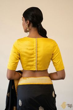 Yellow Satin Silk Back-Buttoned Blouse - Tilfi Back Button Blouse Designs Latest, Blouse Designs Back Buttons, Blouse Back Neck Designs Full Covered, Blouse With Buttons On The Back, Full Back Neck Blouse Design, Simple Boatneck Blouse Designs Latest, Back Full Neck Blouse Design, Back Covered Blouse Designs, High Back Neck Blouse Designs