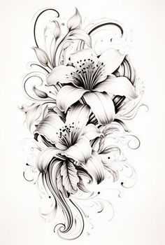 a black and white drawing of flowers with swirls on the bottom half of it