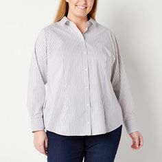 This classic Liz Claiborne long-sleeve button-down from its women's plus collection is an essential tailored piece to have in your wardrobe for work or elevated weekend looks. Cut from cotton-poplin for a loose-fit, this shirt has long cuffed sleeves and a spread collar. Balance its silhouette with slim-fitting pants, a pencil skirt, or jeans.Features: Stretch Fabric, Wrinkle Free, EssentialsClosure Type: ButtonFit: Regular FitNeckline: Collar NeckSleeve Length: Long SleeveSleeve Style: Vent Sle Button Front Shirt, Wrinkle Free, Liz Claiborne, Cuff Sleeves, Cotton Poplin, Women Long Sleeve, Stretch Fabric, Pencil Skirt, Shirts Tops