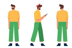 the man is using his cell phone while wearing green pants and a yellow t - shirt