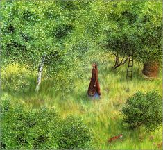 a painting of a woman walking through a field in the grass with trees behind her