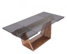 a glass table with wooden legs and an attached shelf on the bottom is shown in front of a white background