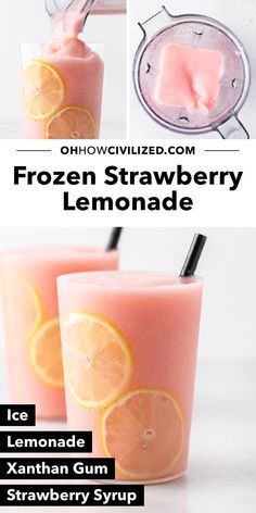 frozen strawberry lemonade drink in two glasses with strawberries and orange slices on top