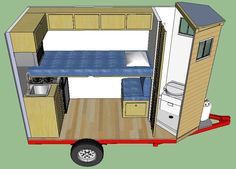 the tiny house is built on wheels and has a kitchenette, sink, and bed