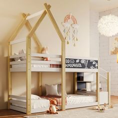 a child's bedroom with bunk beds and toys on the floor in front of it