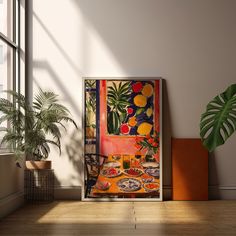 a painting on the wall next to a potted plant