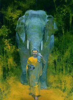 a painting of an elephant and a woman walking in front of it with her hand on her shoulder