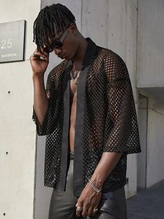 Free Returns ✓ Free Shipping✓. SHEIN Men Open Front Sheer Mesh Shirt- Men Shirts at SHEIN. Tops Transparentes, Haut Transparent, Rave Fits, Loose Knit Cardigan, Mesh Cardigan, Streetwear For Men