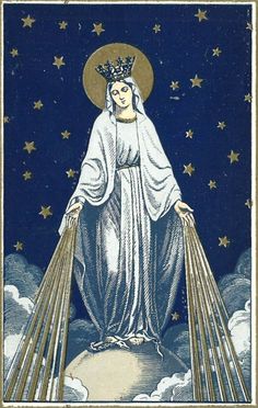 an image of the virgin mary on top of a hill with stars in the sky