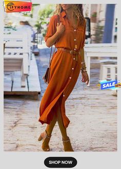 Women Summer Date 3/4 Sleeve Paneled Fall Linen Dress Long Sleeve Midi Dresses, Elegant Shirt Dress, Look Hippie Chic, Split Long Dress, Gorgeous Prom Dresses, Modest Summer, Mode Casual, Long Dress Casual, Outfit Trends