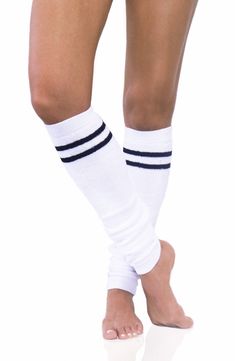 Bold contrast stripes lend a collegiate aesthetic to these throwback leg warmers crafted from soft cotton with stretch for added comfort. 80% cotton/20% spandex Machine wash, line dry Imported Sporty Knee-high Cotton Socks, Sporty Stretch Cotton Socks, White Cotton Knee-high Socks, Sporty Knee-high Socks For Winter Sports, White Stretch Athleisure Socks, Casual Stretch Striped Socks, Casual Striped Stretch Socks, White Fitted Cotton Knee-high Socks, White Cotton Socks For Fall