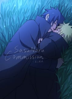 an anime character hugging another character in the grass