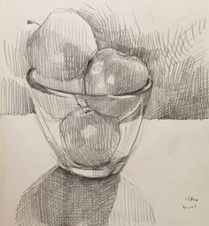 a drawing of apples in a glass bowl