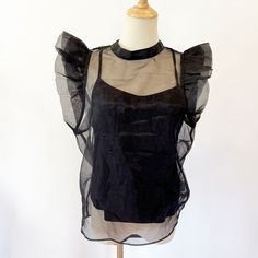 Joie Black Two Piece Top Medium Sheer Organza Overshirt - Tank Undershirt Sleeveless Flutter Ruffles High Neck Polyester New With Tags Attached Measurements: Approx 20" At Armpits 22" Shoulder To Hem Sheer Undershirt, Organza Blouse, Black Two Piece, Ruffles, High Neck, Two Piece, Top Blouse, Womens Tops, Women Shopping