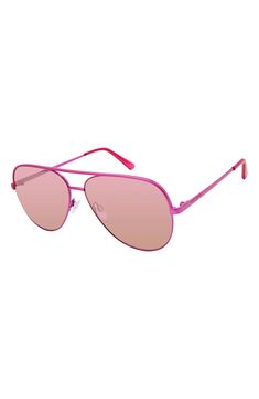 Metal aviator sunglasses showcase protective, tinted lenses that'll add a statement pop to your sunny look. 64mm lens width; 14mm bridge width; 140mm temple length 100% UV protection Metal Imported Kurt Geiger, Aviator Sunglasses, Uv Protection, Sunnies, Temple, Lenses, Bridge, Nordstrom, Sunglasses