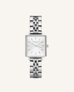 The Boxy XS White Silver | Rosefield Women's Watches & Jewelry | Official Website Casio G Shock Watches, Expensive Watches, G Shock Watches, Rose Gold Watches, Women's Watches, Seiko Watches, Gold Case, Beautiful Watches, Steel Watch