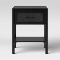 an end table with a drawer and shelf on the bottom, in black wood finish