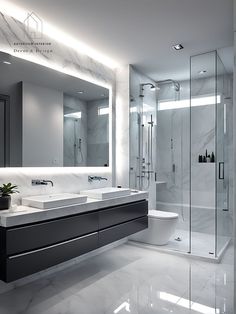 a bathroom with two sinks and a large mirror on the wall next to the bathtub