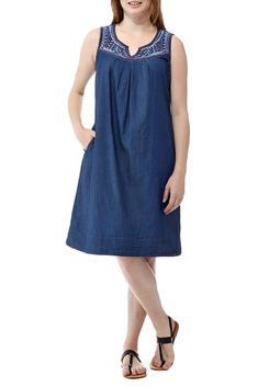 La Cera Sleeveless Yoke Embroidered Dress - La Cera - 1 Medium Wash Cotton A-line Denim Dress, Dark Wash Summer Dress For Daywear, Sleeveless Cotton Denim Dress, Sleeveless Cotton Denim Dress For Spring, Blue Cotton Unlined Dress, Summer A-line Cotton Denim Dress, Blue Unlined Cotton Dress, Medium Wash Sleeveless Cotton Dress, Indigo Sleeveless Denim Dress