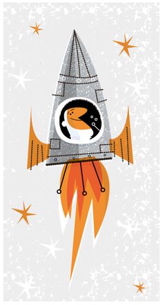 an orange and white rocket ship flying through the sky with stars on it's sides