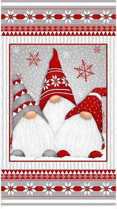 two red and white gnomes with snowflakes in the background on a christmas card