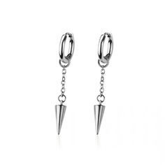 silver plated earrings with spikes hanging from the end and chain attached to each ear