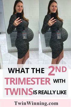 a woman taking a selfie in front of a mirror with the caption, what the 2nd trimester with twins is really like