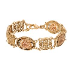 Meso Round Intricate Filigree & Pink Rose Glass Stone Link Bracelet Victorian Gold Jewelry With Rose Design, Ornate Rose Gold Filigree Jewelry, Vintage Oval Jewelry With Rose Design, Antique Gold Jewelry With Rose Design, Ornate Oval Gold Bracelets, Ornate Gold Oval Bracelets, Ornate Oval Engraved Bracelets, Ornate Oval Gold Bracelet, Gold Bracelet With Rose Design For Gift