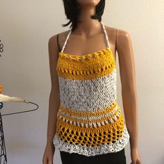 I Designed And Hand Knitted This Halter Top. Cotton Yarns In White With Gray / Black Speckles And Yellow Color Combinations. Top And Waist Ties, Wear It Over Bikini Top Or Any Fashion Bra. S/M Yellow Knit Beach Top, Yellow Knit Tops For Beach, Casual Yellow Crochet Top, Casual White Hand-knitted Crochet Top, Yellow Open Knit Top, Yellow Knitted Beach Top, Yellow Crochet Knit Tops, Yellow Knitted Top For The Beach, Yellow Color Combinations