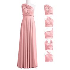 a pink dress on display with three different angles