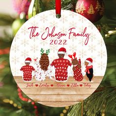 a family ornament hanging on a christmas tree with red and white sweaters