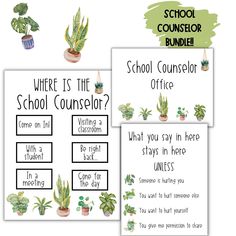 three posters with plants on them that say where is the school counselor's office?