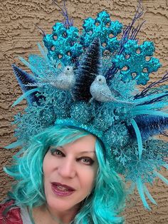 Get ready for Holiday party! Great addition to your "Ugly sweater" outfit or your holiday cocktail dress. Blue colored headdress will stand out from the crowd. Great for Christmas, New Year, Halloween, Carnival, Masquerade, photoshoot and more... Decorated with three Christmas trees, two birds, snowflakes, snowballs, holiday decorations, mesh, sequin.... Headdress size about 15x15 inch. Elastic in the back, fits most heads. Colors can be slightly different from the pictures you see depends on yo Masquerade Photoshoot, Ugly Sweater Outfit, Snow Queen Crown, Weird Hats, Ugly Sweater Outfits, Winter Crown, Three Christmas Trees, Holiday Cocktail Dress, Christmas Headdress