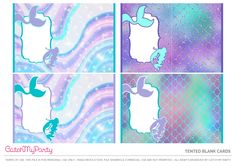 four different images of mermaids with blue, purple and green colors on the background