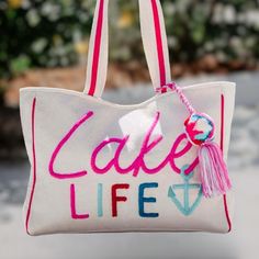 Lake Life - Yarn Embroidered, Beach Tote Bag with Tassels Sunshine Beach, Colorful Tote Bags, Boho Tote Bag, Boho Tote, Summer Tote Bags, Pink Martini, Embroidered Tote Bag, Summer Tote, Embroidered Tote