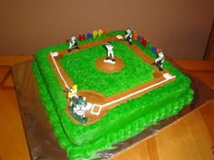 a cake that is shaped like a baseball field with people on it and men in the batter's box