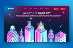 the smart city landing page is displayed on a blue and purple background with an image of buildings