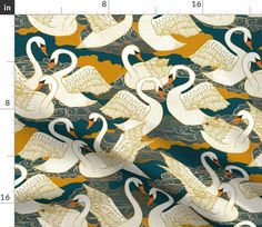 a large group of white swans floating on top of a blue and yellow background with gold accents